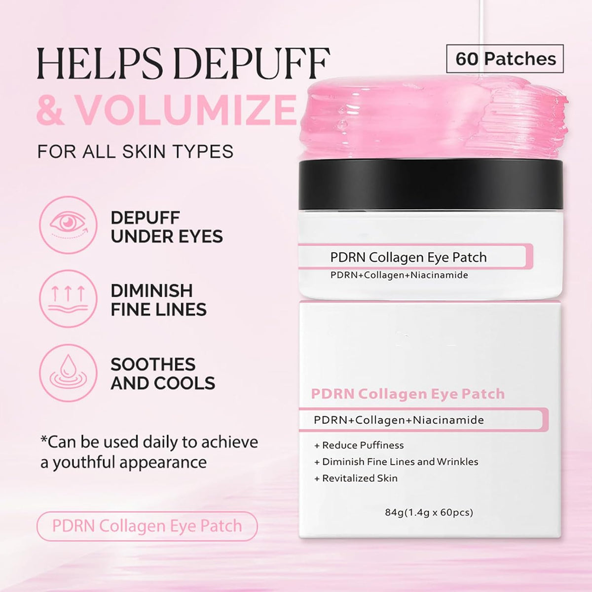PDRN Collagen under Eye Gel Patches 60 Pieces - Eye Patches for Dark Circles, Puffiness & Wrinkle Appearance, Niacinamide Infused Gel for Daily Revitalizing Care